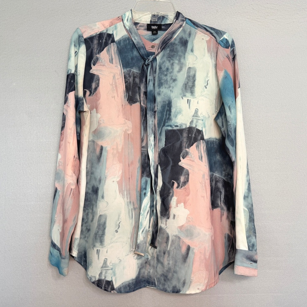 Mossimo Abstract Watercolor Tie Neck‎ Blouse Womens Size M Artsy Colorful Flowy